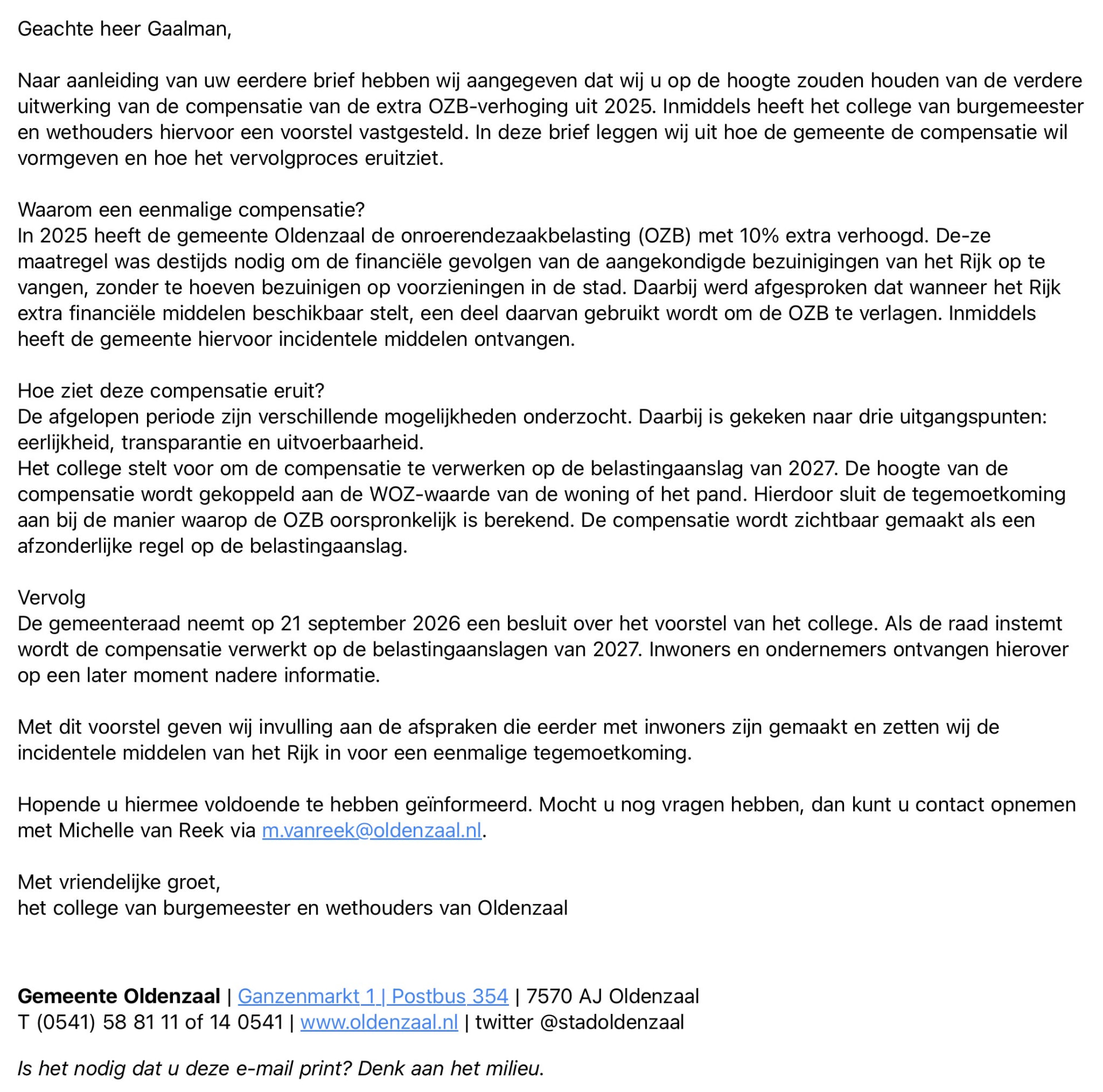 Volledige tekst van de e-mail van de gemeente Oldenzaal over de eenmalige compensatie voor de extra OZB-verhoging uit 2025.